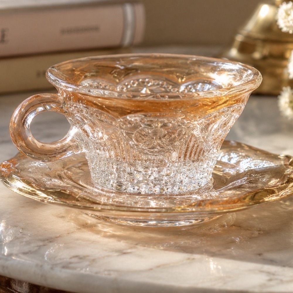 Vintage‎ Pressed Glass Teacup Amber Marigold Luster Rim Diamond Point Hobnail